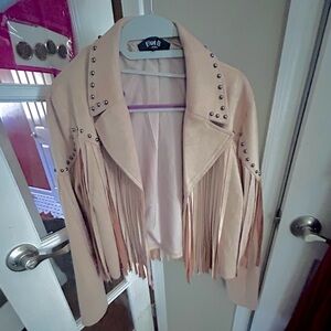 BLUE b Women's Tan Fringe faux suede Jacket, M